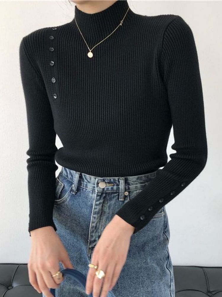 Maglione lavorato a maglia da donna, a maniche lunghe, con bottoni, a collo alto, sottile, per autunno e inverno, morbido e caldo, con fondo alto_voghion.com
