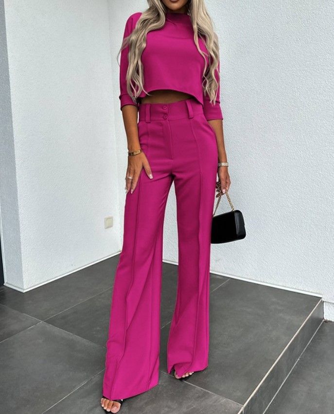Women's Casual Two-Piece Outfit Long Sleeve Top & Pants Set Comfortable Office Wear Polyester Blend Solid Color_voghion.com