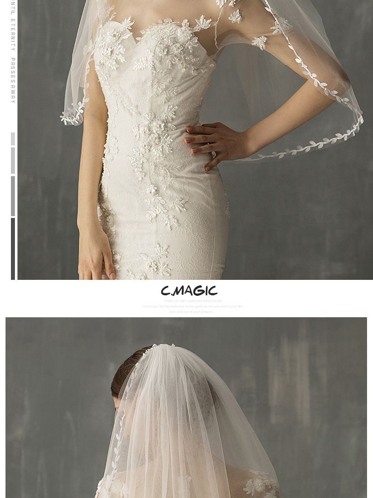 Voal de mireasă unisex V633, lungime medie, alb, dublu, cu margini din frunze Super Fairy, voal moale, Tour Beat, pentru nuntă_voghion.com