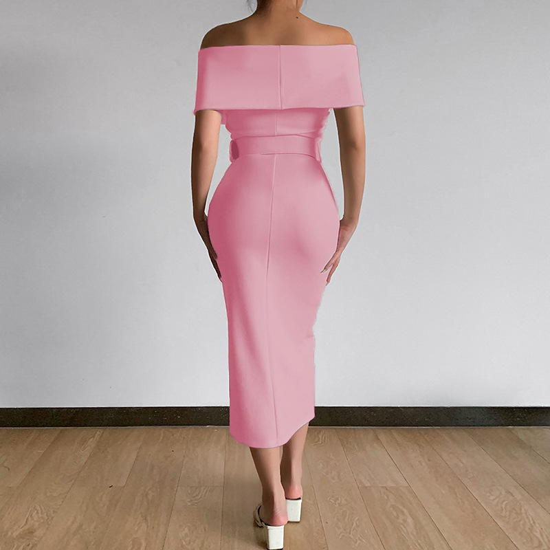 elegant temperament for commuting, simplicity and maturity new style off-shoulder belt slit skirt_voghion.com
