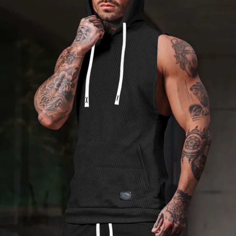 Felpa con cappuccio in maglia jacquard casual da uomo, senza maniche, con tasca applicata e coulisse_voghion.com