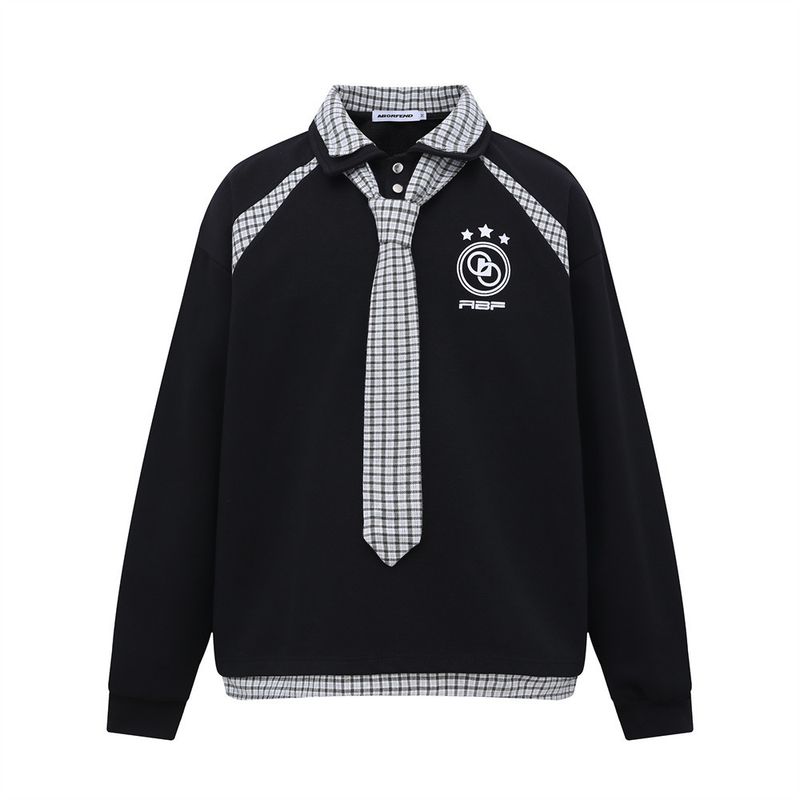 Felpa polo a maniche lunghe con cravatta in due pezzi in stile college, da uomo, primavera autunno, moda di strada, patchwork scozzese_voghion.com
