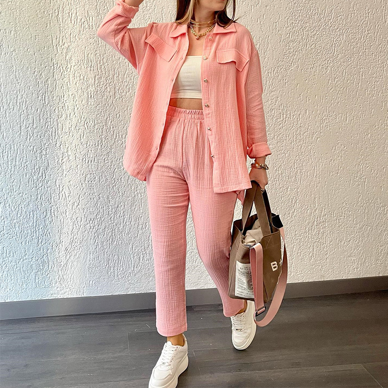 Γυναικεία Ρούχα Plus Size Διπλή στρώση Crepe Loose Μεγάλο Πέτο Μακρυμάνικο Πουκάμισο Casual_voghion.com
