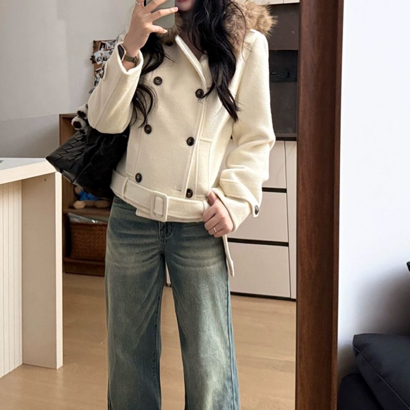 Kurzer Wollmantel mit doppelreihiger Knopfleiste, Pelzkragen und Kapuze für Damen, tailliert, dick gefüttert für Herbst und Winter, ideal für den Arbeitsweg_voghion.com