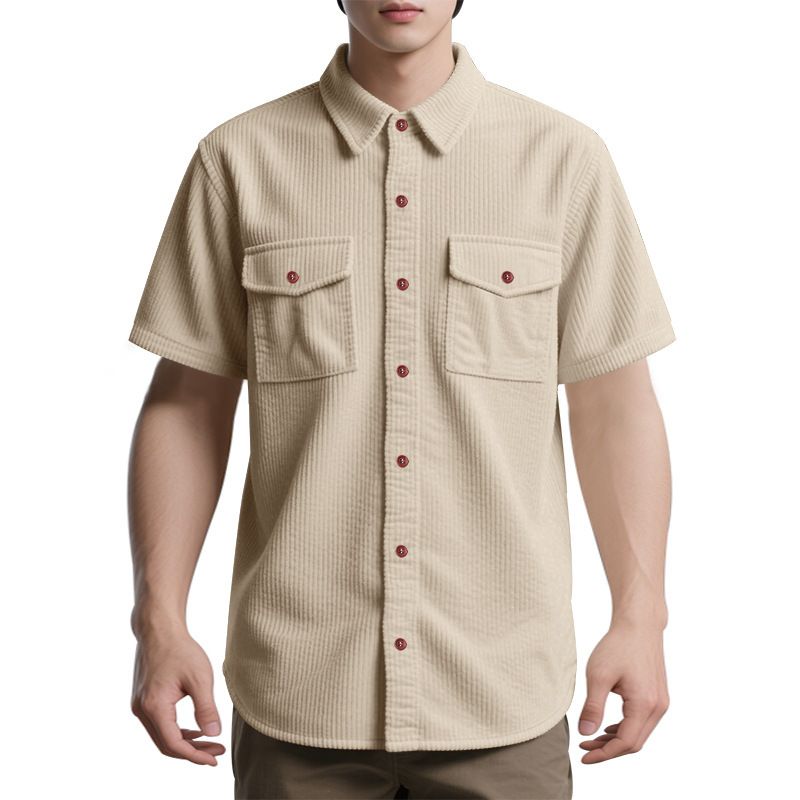 Sommer Cordhemd im Safari-Stil für Herren, einfarbig, mehrere Taschen, kurzärmelig, elegantes Freizeithemd für Herren, Umlegekragen, Alltagsbluse_voghion.com