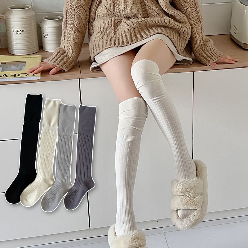 Weiße Patchwork-Overknee-Stiefel für Damen, passende Stiefel aus reiner Baumwolle für Frühling und Herbst, koreanische Socken mit langem Bein, Slouch_voghion.com