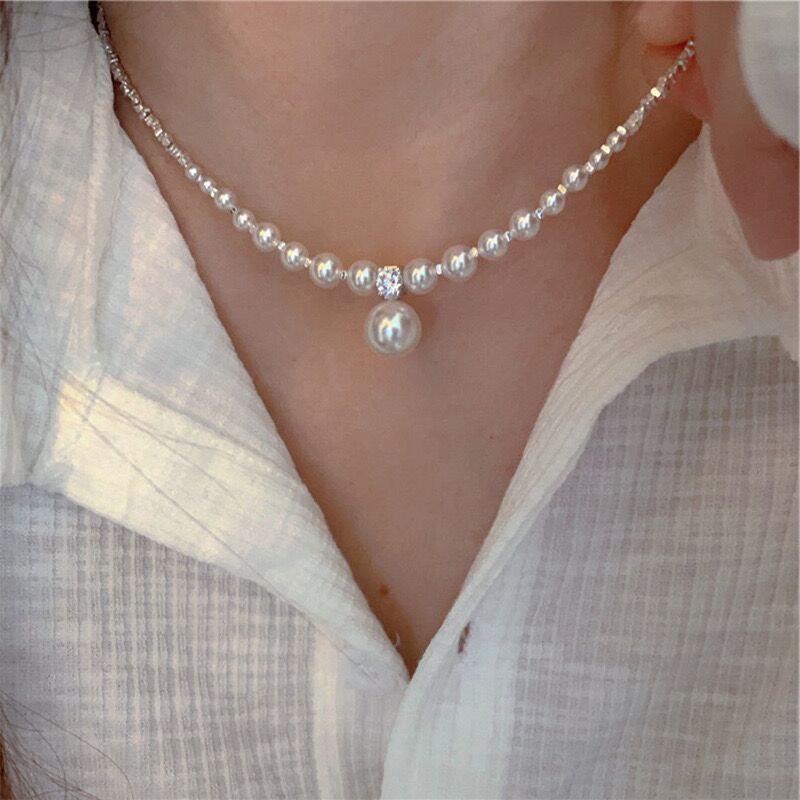Collar de perlas de metal plateado de alta calidad para mujer, estilo francés popular, collar de temperamento simple y versátil, collar de clavícula_voghion.com