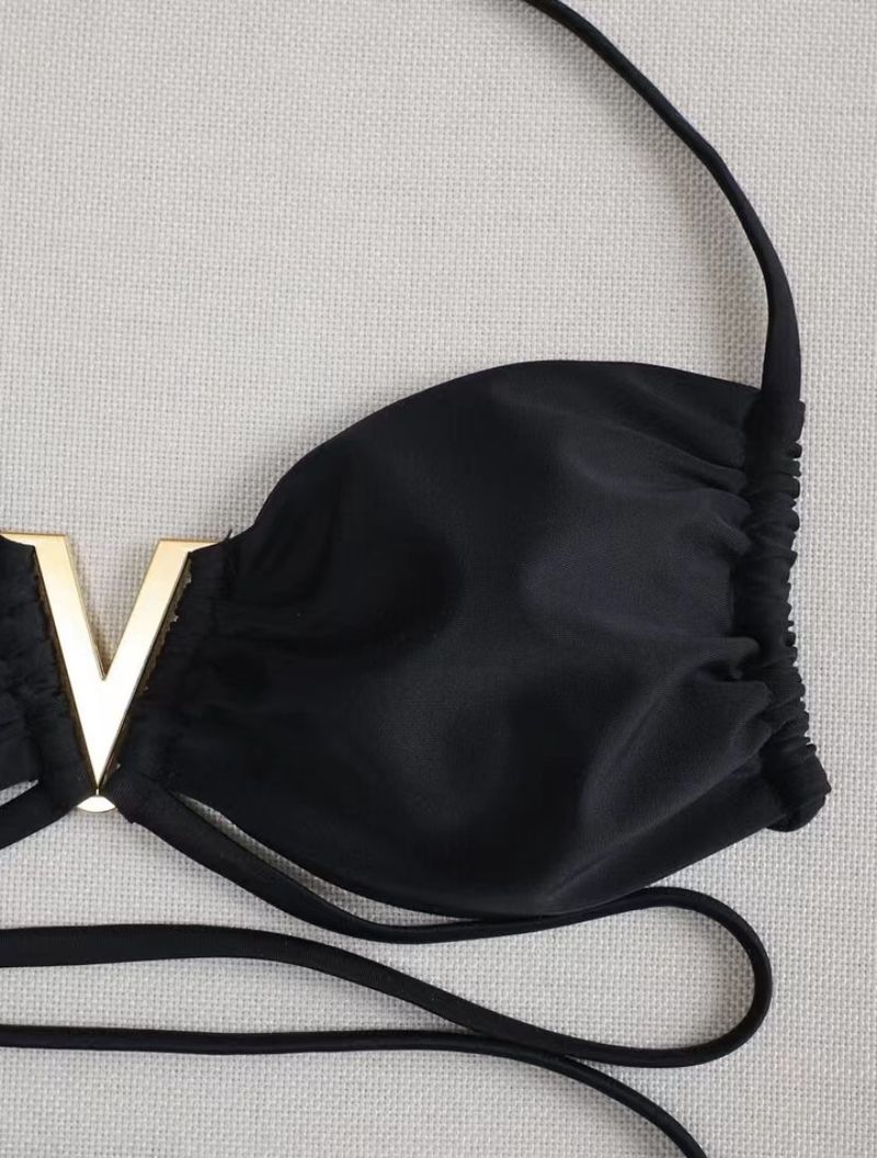 Bikini-schouderset - hoge taille en diepe V-hals (drie verstelbare bandjes, effen zwart/monochroom)_voghion.com