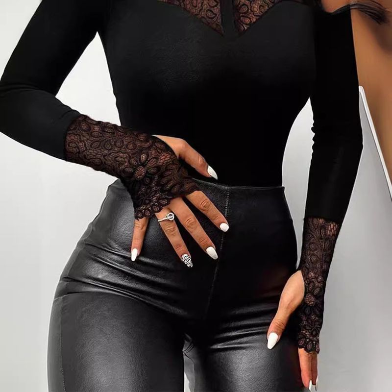 Enganliegendes, langärmliges One-Shoulder-Einteiler-Top aus Spitze für Damen_voghion.com