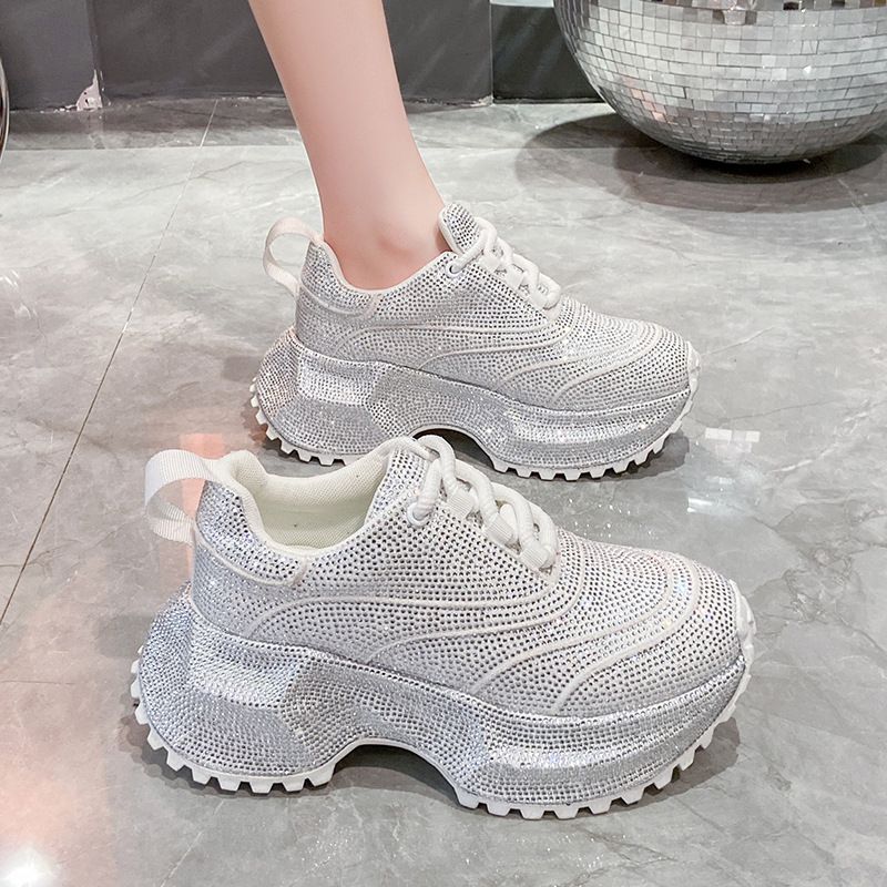 Modische Damen-Sneaker mit Strasssteinen – klobige Plateauschuhe für mehr Körpergröße, atmungsaktives Obermaterial aus PU, lässige und trendige Low-Top-Schnürschuhe_voghion.com