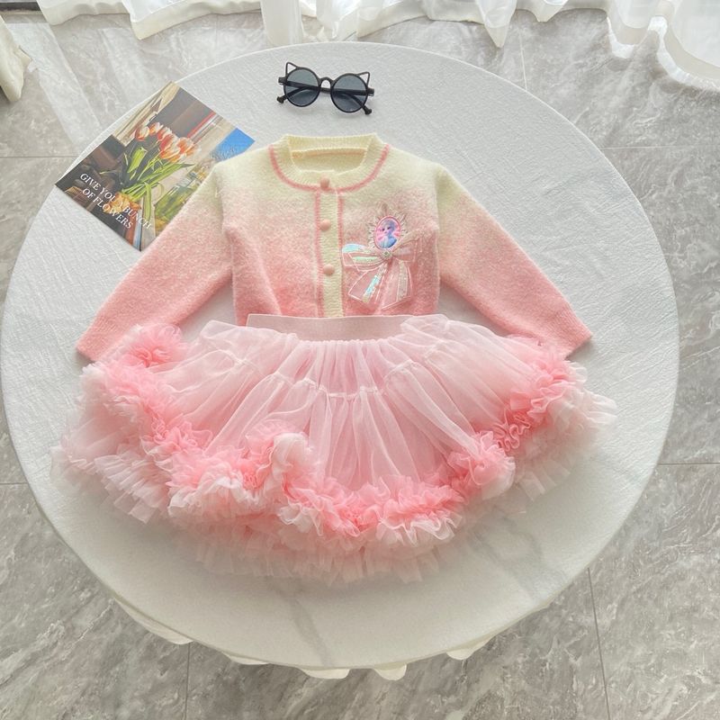 2024 Sonbahar Kış Yeni Tie-Dye Mont Tutu Etek Yürümeye Başlayan Çocuklar İçin Gradyan Elsa Prenses Örgü Kazak Seti_voghion.com