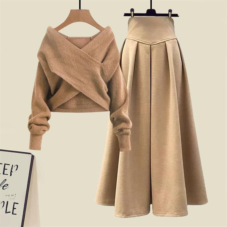 Plus Size Winter Outfit Set - Flattering Cross Knit Sweater With High Waist Skirt For Curvy Women_voghion.com