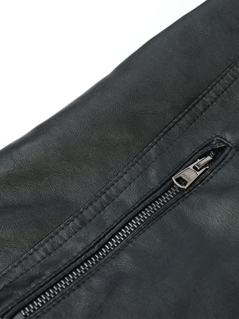 Men's Slim Fit PU Leather Biker Jacket With Multiple Zippers, Stand Collar, Winter Motorcycle Riding Jacket For Teens & Young Adults_voghion.com