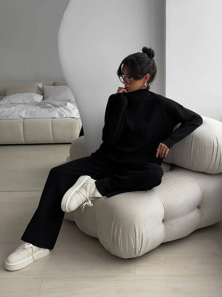 Women's High-Neck Knit Sweater & Pants Set - Long Sleeve Solid Color Lounge Outfit, Elegant Two-Piece Ensemble (Black/Beige, S/M/L/XL)_voghion.com