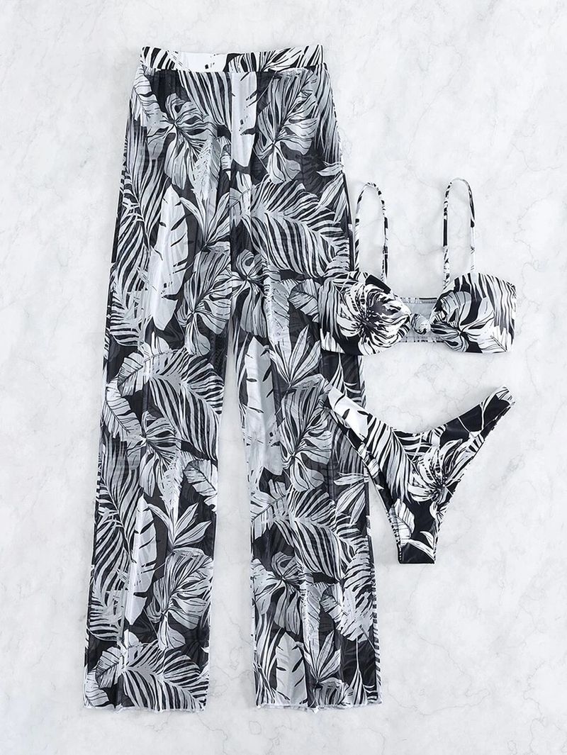 Badpakset met bloemenprint en open rug voor dames - 3-delige bikinitop en zwembroek met hoge taille - snel drogende polyester badkleding voor strand- en zwembadvakanties_voghion.com