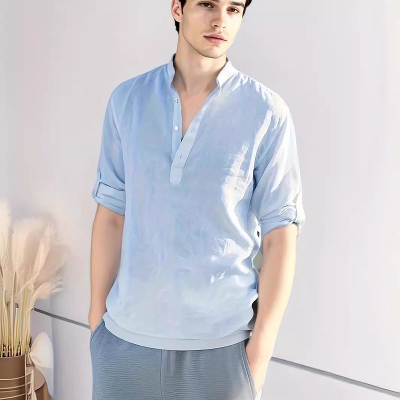 Camicia in lino a maniche lunghe, tinta unita, vestibilità comoda, da uomo, 2024_voghion.com