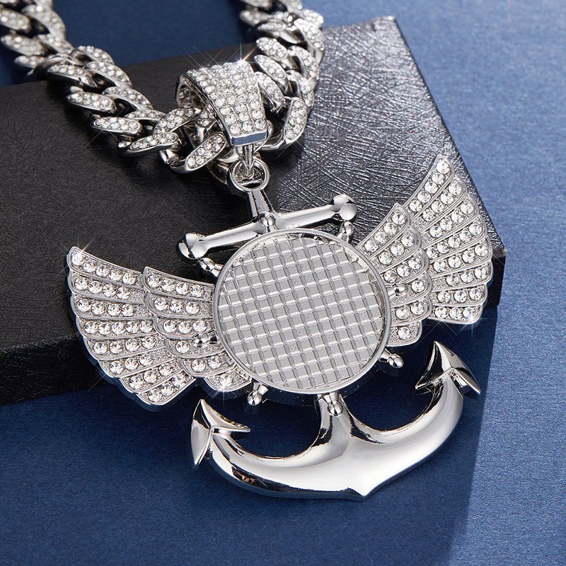 Photo Frame Wings Anchor Full Diamond Creative Design Alloy Rhinestone Cuban Chain Pendant Hip Hop Accessories_voghion.com