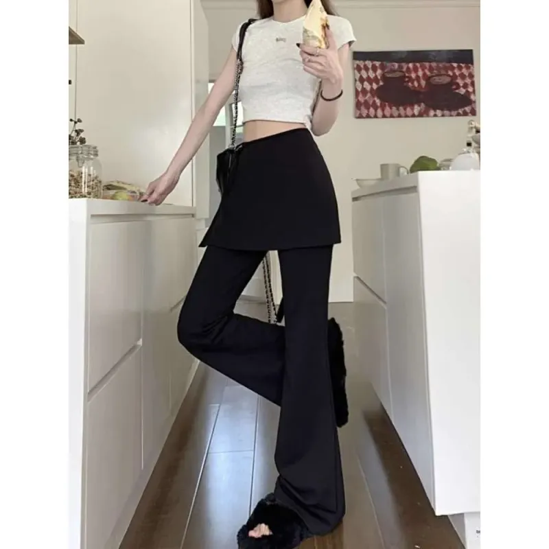 Black High-Waisted Summer Casual Women, Designed For A Slimming Effect, Loose Fit, Long Flared Pants, Bootcut Pants_voghion.com