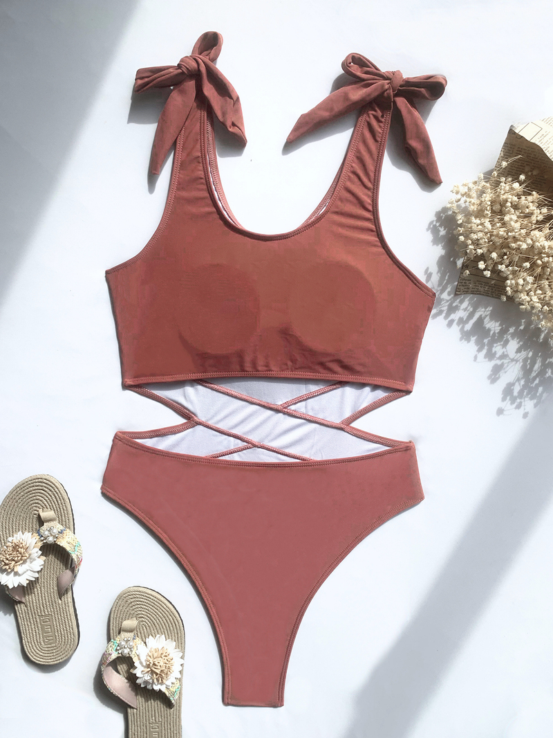 Maillot de bain une pièce épissé bikini maillot de bain femme creux maillot de bain couleur unie bikini_voghion.com