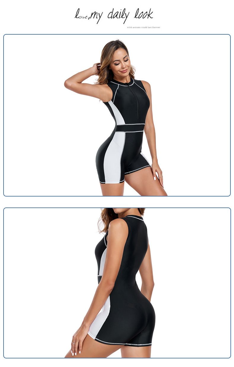 Costume da bagno intero sportivo senza maniche da donna - Design a blocchi di colore, cerniera frontale e vestibilità aderente per surf e nuoto_voghion.com