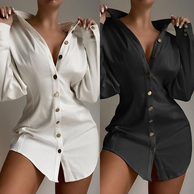Abbigliamento donna autunno e inverno abito camicia da donna sottile a maniche lunghe nero_voghion.com