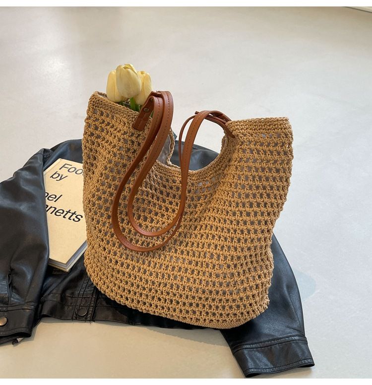 Borsa di paglia Borsa intrecciata Borsa intrecciata pigra Borsa intrecciata ad alta capacità Borsa a tracolla cava lavorata a maglia da donna Borsa da spiaggia per il tempo libero_voghion.com