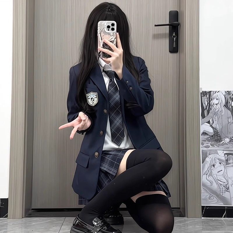 Mädchen JK Uniform Marineblauer Anzug im College-Stil Blazer Karorock Hemd Outfit Set für Damen_voghion.com