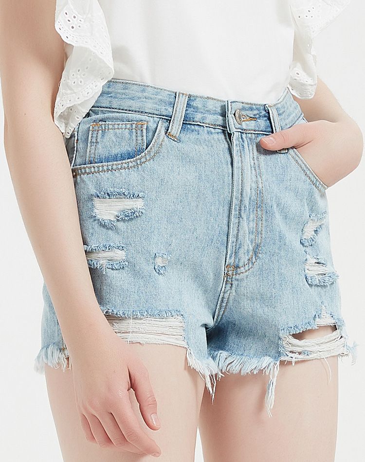 Dameklær Dame Sommer Nye Høylivede Prikkete Denimshorts Ripped Casual Hotpants_voghion.com