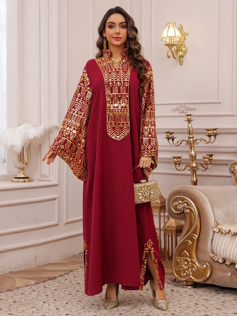 AB474 Elegantes muslimisches Abaya im Dubai-Stil mit aufgestickten Perlen und fließenden Ärmeln – schlichtes langes Kleid in Übergröße für Damen (Grün/Rot, S-XXL)_voghion.com