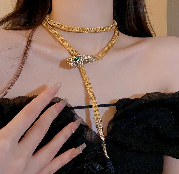Collier serpent à strass exagéré, style sombre, personnalité, longue chaîne de clavicule à pompon, niche pour fille sexy, polyvalent_voghion.com