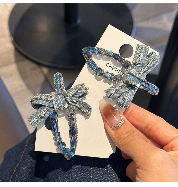 Haaraccessoires voor dames retro denim strik volledige diamant haarspeld kristal eendenbek clip zijclip pony zijclip hoofdtooi_voghion.com