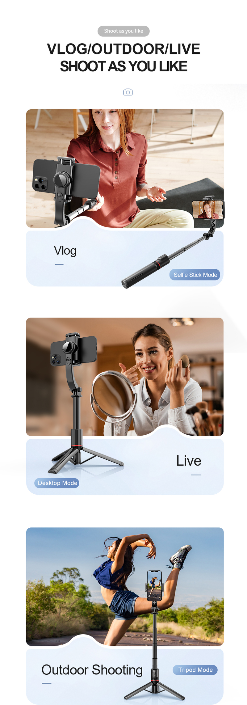 Smartphone-Universalgelenkstabilisator mit Fernbedienung, erweiterbares Selfie-Stick-Stativ aus Aluminium, für autom_voghion.com
