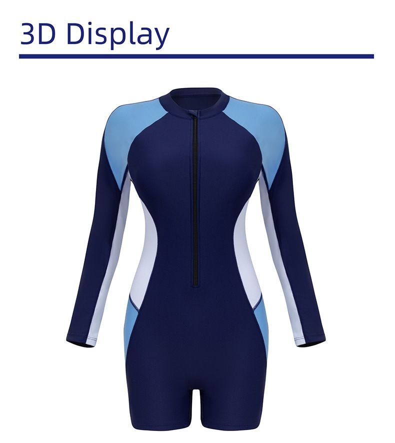 Kadın Mayo - UPF 50+ Tam Kapsamlı Tek Parça | Sörf/Dalış İçin Fermuarlı Ön ve Döküntü Koruyucu (Siyah/Mavi, S-XL) | Hızlı Kuruyan Mayo_voghion.com