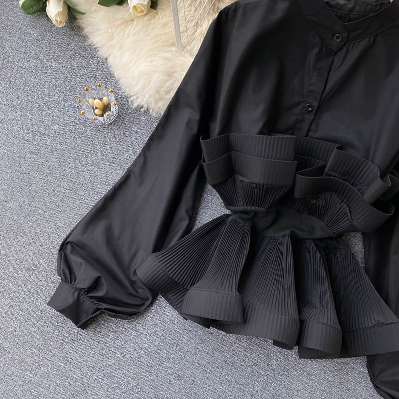 Abbigliamento Donna Camicie a maniche lunghe per donna con un design di nicchia, volant plissettati tridimensionali, vita sottile e versatili top primaverili per donna_voghion.com