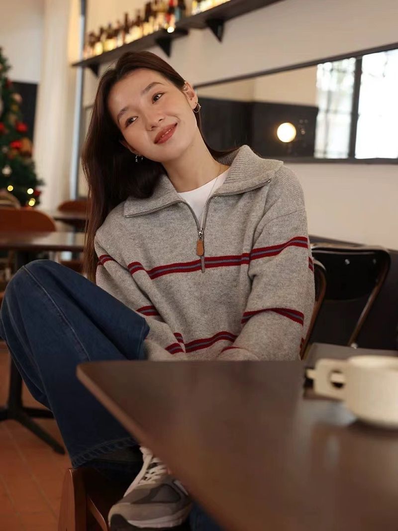 Wolle Koreanischen Stil Gestreiften Half-Zip Polo Kragen Pullover Für Frauen 2024 Neue Lose Faul Gestrickte Top_voghion.com