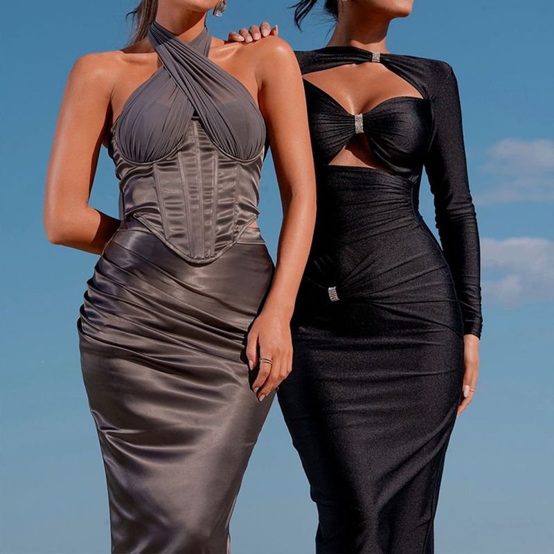 Women's Clothing Ins Style Round Neck Long Sleeved Dress Sexy Fashion Slim Hollow Solid Color Long Skirt_voghion.com