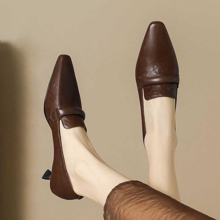 Punta quadrata, tacco sottile, bocca bassa, morbida pelle di pecora, da donna, stile unico 2025, nuovo, temperamento minimalista francese, di alta gamma_voghion.com