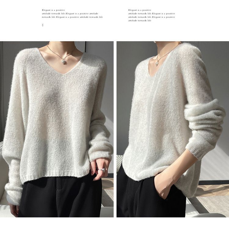 Pull col V en cachemire et soie sans coutures pour femme – Haut en tricot oversize aux couleurs pastel douces_voghion.com