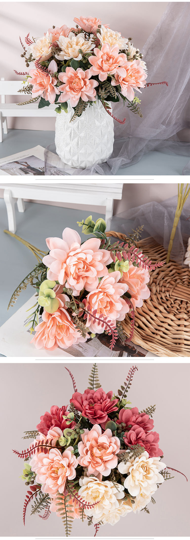 INS Fengsha Mist Coral Dahlia Kunstbloem Fabrikant Huisdecoratie Grensoverschrijdende Bruiloft Groothandel Kunstbloem MW95003_voghion.com