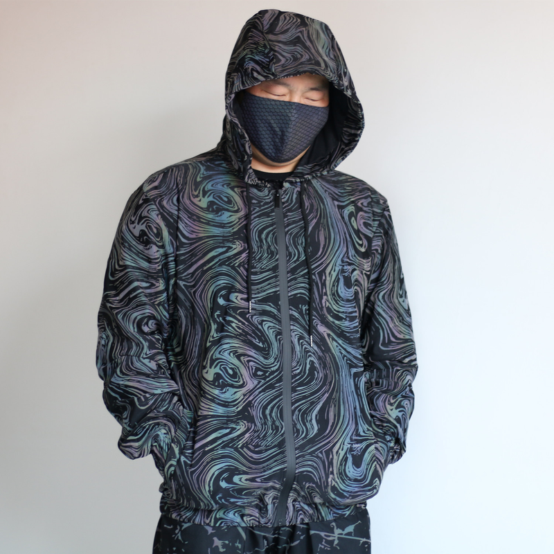 Vêtements pour hommes Nouvelle veste réfléchissante colorée pour hommes, haut à capuche extensible respirant en tricot avec ciel étoilé coloré_voghion.com