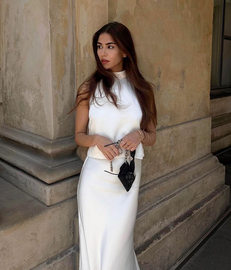 Costume en Satin blanc sans manches pour femmes, gilet licou, jupe en queue de poisson, mode d'été_voghion.com
