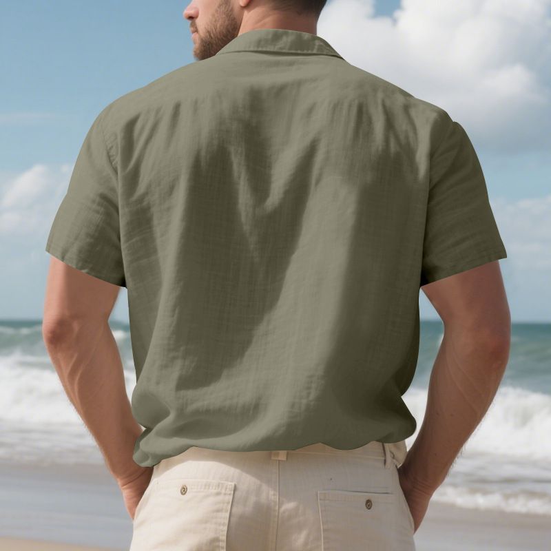 Herren Sommerhemd, amerikanisch, locker, Strand, atmungsaktiv, lässig, Leinen, mehrere Taschen, geknöpft, Arbeitskleidung, kurzärmelig_voghion.com