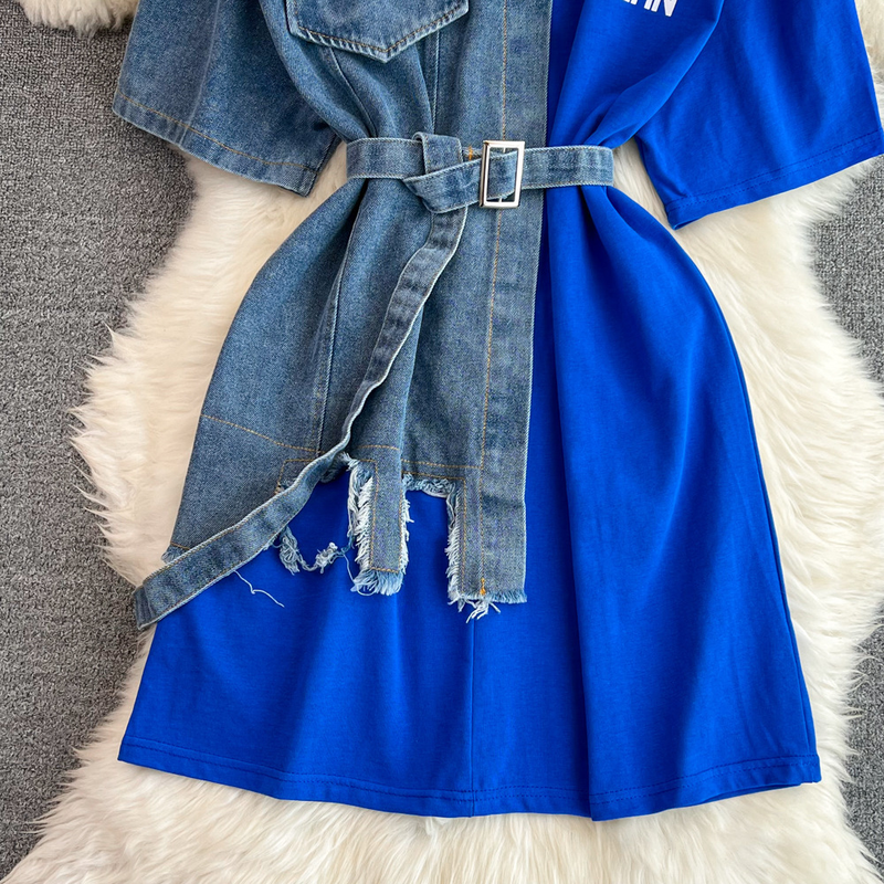 Taille Tailliert Rundhals Color Block Jeanshemd Chic Casual Mittellang_voghion.com