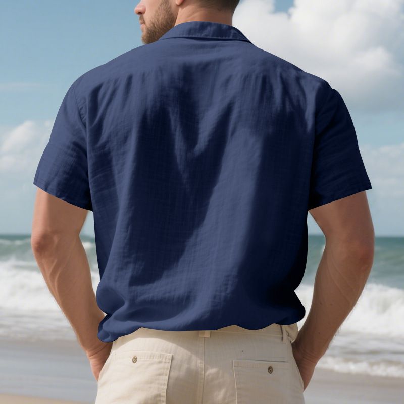 Herren Sommerhemd, amerikanisch, locker, Strand, atmungsaktiv, lässig, Leinen, mehrere Taschen, geknöpft, Arbeitskleidung, kurzärmelig_voghion.com