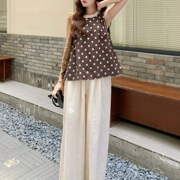 Gilet coreano a pois con scollo rotondo e volant per donna, estivo, nuovo, stile pigro, ampio e snellente, senza maniche_voghion.com