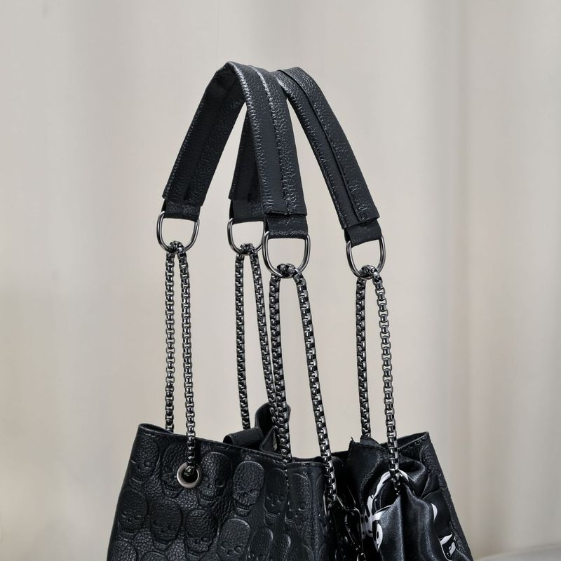 Bucket Bag Set - Gothic Embossed Skull Shoulder Purse (Spacious Work & Weekend Tote 2-Piece Matching Set Adjustable Strap Water-Resistant Lining)_voghion.com