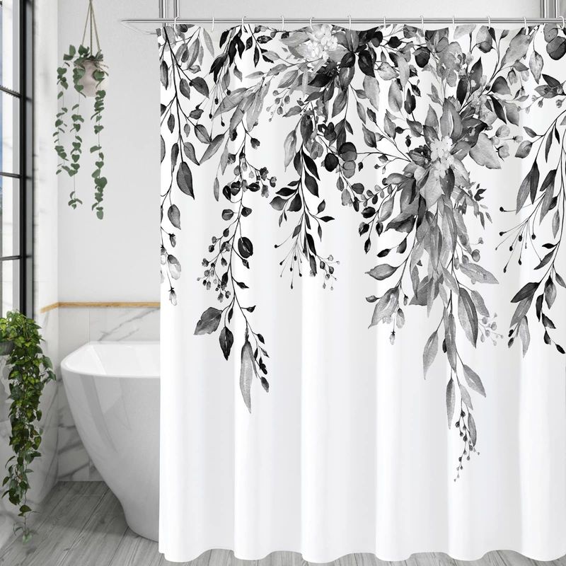 Cross-border Source Digital Printing Single Layer Blue Eucalyptus Waterproof Shower Curtain Set 72x72inch_voghion.com