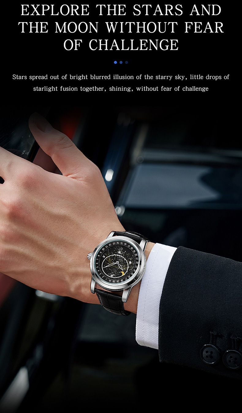 Montre mécanique automatique pour homme avec cadran étoilé rotatif, aiguilles lumineuses, étanche jusqu'à 30 m, fermoir en acier inoxydable, bracelet en cuir véritable_voghion.com