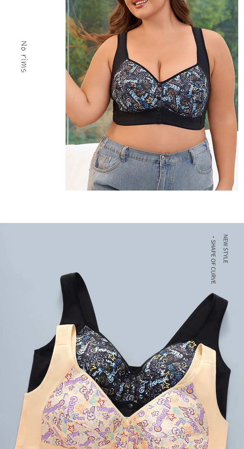 Plus Size 36A-52G Women Super Large Size Bra Size Vest Style No Steel Ring Printed Front Buckle Underwear_voghion.com