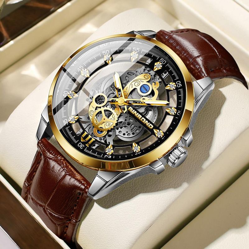 Orologio da polso al quarzo da uomo, stile business, con design scheletrato, impermeabile, luminoso, con cinturino in pelle._voghion.com